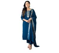 The Red Lion Enterprise Partywear wedding Function wear Anarkali Dress, Alia cut kurti pant and Dupatta 3pc set for women, Blue, Large