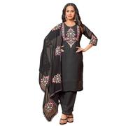 The Red Lion Enterprise Stylish Kurti Set for Women Embroidered Neck Party Wear Suit with Pant and Printed Dupatta, Black, M