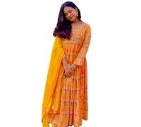 The Red Lion Enterprise women Alia cut kurti Nayra cut kurti Anarkali kurti with pant and Dupatta 3pc set for Women, Yellow, S