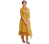 The Red Lion Enterprise women Anarkali Dress, Alia cut kurti pant and Dupatta 3pc set for women dress, Yellow, XL