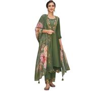 The Red Lion Enterprise women Anarkali Dress, Alia cut kurti pant and Dupatta 3pc set for women dress, Mehndi Green, Large