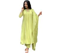 The Red Lion Enterprise Women Anarkali Dress, Alia Cut Kurti Pant and Dupatta 3pc Set for Women, Parrot, Large