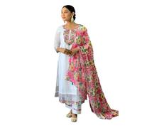 The Red Lion Enterprise women Anarkali Dress, Alia cut kurti pant and Dupatta 3pc set for Women, White, XL