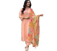 The Red Lion Enterprise Women Anarkali Dress, Alia cut kurti, Salwar suit pant and Dupatta 3pc set for women Indian dress, Orange Flower, Medium