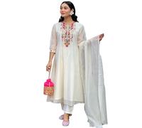 The Red Lion Enterprise Women Anarkali Dress, Alia cut kurti, Salwar suit pant and Dupatta 3pc set for women kurti dress, White 3, Medium