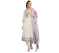 The Red Lion Enterprise women Anarkali suit of Viscoss cotton fabric with Embroidery work and Pant with Dupatta 3pc set, White 1, Medium