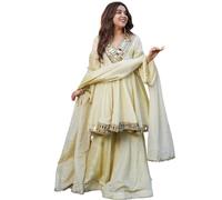 The Red Lion Enterprise Women Chinon Silk Mirror Work Kurti Sharara Dupatta Set | Cream Ethnic Party Wear 3 Piece Outfit, Cream, Medium