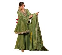 The Red Lion Enterprise Women Chinon Silk Mirror Work Kurti Sharara Dupatta Set | Cream Ethnic Party Wear 3 Piece Outfit, Mehndi Green, XXL
