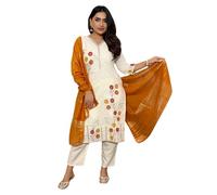 The Red Lion Enterprise Women’s Cotton Silk Kurti Pant Set with Chanderi Dupatta Ideal for Puja Diwali or Family Functions, Off-white, Medium