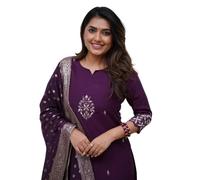 The Red Lion Enterprise Women’s Cotton Silk Kurti Pant Set with Chanderi Dupatta Ideal for Puja Diwali or Family Functions, Purple, XL