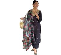 The Red Lion Enterprise Women’s Embroidered Viscose Slub Kurti Pant Dupatta Set Indian Ethnic Partywear Salwar Suit, Black, S