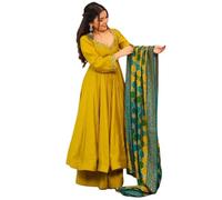 The Red Lion Enterprise Women’s Flared Anarkali Suit with Dupatta Chinon Indian Ethnic Wear for Weddings Festivals Parties, Mustard, Medium
