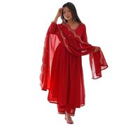 The Red Lion Enterprise Women’s Indian Festival Wear Embroidered Kurti Set with Pant Dupatta, Perfect for Wedding Guest Look, Red, XXL