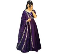 The Red Lion Enterprise Women’s Long Embroidered Kurti Dupatta 2pc Set in Vichitra Fabric | Festive Occasion Wear, Purple, XL