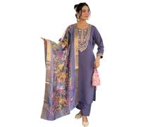 The Red Lion Enterprise Women’s Partywear Kurti Set with Pant and Digital Print Jacquard Dupatta for Festive Occasions, Lavender, XXL