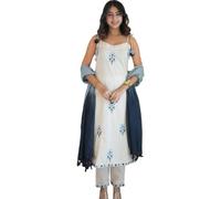 The Red Lion Enterprise Women’s Printed Spaghetti Kurti Pant Dupatta Set in Cotton Flex Fabric, White, Medium