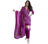 The Red Lion Enterprise Women’s Viscose Silk Printed Kurti Pant Set with Chanderi Dupatta-Festive wear Salwar Suit, Violet, XL