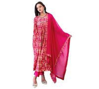 The Red Lion Enterprise Women's Alia Cut Kurti Nayra Cut Anarkali With Pant and Dupatta 3pc Set, Red, S