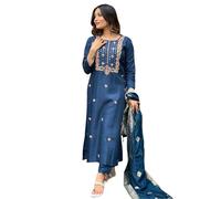 The Red Lion Enterprise Women's Alia Cut Straight Kurti pant dupatta set Designer Salwar Suit with Embroidery Work, Blue, XL