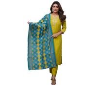 The Red Lion Enterprise Women's Anarkali Suit Dupatta,Partywear Designer Embroidery Neckline, Lemon Yellow, XL
