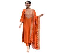 The Red Lion Enterprise Women's Anarkali Suit Dupatta,Partywear Designer Embroidery Neckline, Orange, S