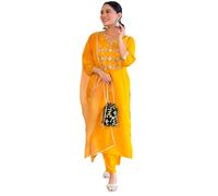 The Red Lion Enterprise Women's Anarkali Suit Dupatta,Partywear Designer Embroidery Neckline, Yellow, Large
