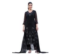 The Red Lion Enterprise Women's Black Embroidered Georgette Straight Kurta with Pant and Long Dupatta Set, Black, Medium