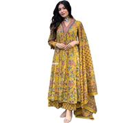 The Red Lion Enterprise Women's Designer Embridery work Anarkali Salwar Suit alia cut Kurti dress 3pc Set, Yellow, XL