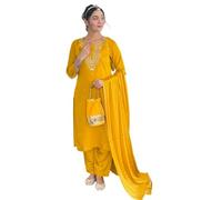 The Red Lion Enterprise Women's Designer Straight Kurti pant dupatta 3pc dress partywear Salwar Suit, Yellow 3, Large