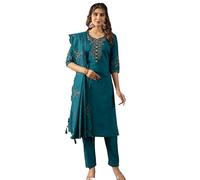 The Red Lion Enterprise Women's Kurti partywear Salwar Suit with hand embroidery work Straight Kurti dupatta 3pc, Ferozi Blue, XL