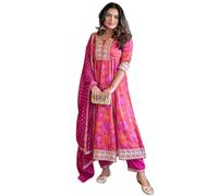The Red Lion Enterprise Women's Long Anarkali Gown with Embroidered Dupatta Perfect for Weddings & Festive wear, Pink, L