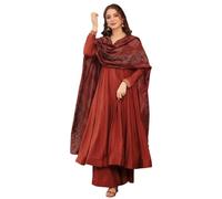 The Red Lion Enterprise Women's Long Anarkali Gown with Embroidered Dupatta Perfect for Weddings & Festive wear, Rust, L