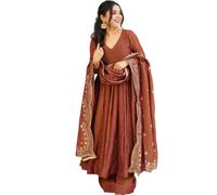 The Red Lion Enterprise Women's Long Anarkali Gown with Embroidered Dupatta Perfect for Weddings & Festive wear, Brown, L