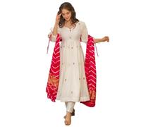 The Red Lion Enterprise Women's White Chanderi Flared Anarkali Kurti Set with Pant and Lagdi Patta Dupatta for Festive Wear, Off-white, XL