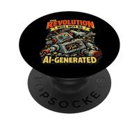 The Revolution Will Not Be AI Generated Funny Retro Robot PopSockets Adhesive PopGrip