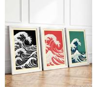 The Rising Wave Japandi Set of 3 Framed Wall Art Prints A1 (84.1×59.4cm)