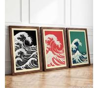 The Rising Wave Japandi Set of 3 Framed Wall Art Prints A2 (59.4×42cm)