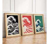 The Rising Wave Japandi Set of 3 Framed Wall Art Prints A2 (59.4×42cm)