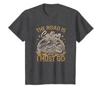 The Road is Calling and I Must Go Biker Motorcycling T-Shirt, Youth, Dark Heather Grey, Small