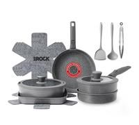 THE ROCK SMART SPACE Ceramic 16pc Nonstick Pots and Pans Set with ROCK.TEC, Cookware Set with Detachable Handles, Scratch/Stain/Crack Proof, Oven & Dishwasher Safe, PFAS & PFOA Free, Grey