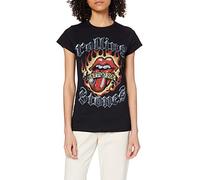 The Rolling Stones Women's Flaming Tattoo Tongue Short Sleeve T-Shirt, Black, Size 10 (Manufacturer Size:Medium)