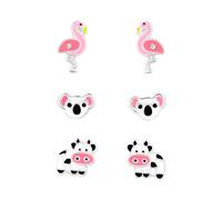 The Rose & Silver Company Women Girls 925 Sterling Silver Flamingo Koala Bear Cow Set on Card Crystals Stud Earrings