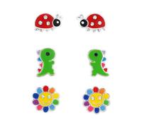 The Rose & Silver Company Women Girls 925 Sterling Silver Ladybird Dinosaur Flower Set on Card Crystals Stud Earrings