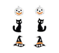 The Rose & Silver Company Women Girls 925 Sterling Silver Pumpkin Black Cat and Witch's Hat Set on Card Crystals Stud Earrings
