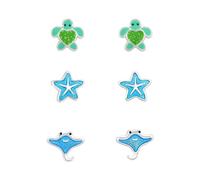 The Rose & Silver Company Women Girls 925 Sterling Silver Turtle Starfish Stingray Glitter Sea Life Set on Card Stud Earrings