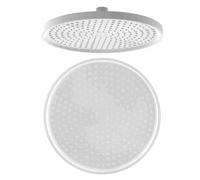 The Round Air-Boosted Showerhead Sprays Top-Spray, with A Matte White Top-Spray Top-Spray Showerhead