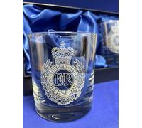 The Royal Engineers Twin Whisky Glasses with Engraved Sappers Cap Badge.