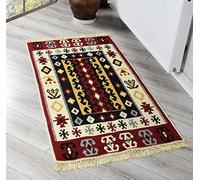 THE RUGS Cotton Acrylic Area Kilim Floor Rug Throw with Tassels Double-Sided Reversible Machine Washable Indoor Use for Living Room, Hallway [ Ikat Design, Red-Cream, 80x150 cm ]