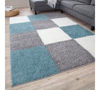 The Rugs Duck Egg Blue Grey And Ivory Soft Checkerboard Design Fluffy Shaggy Rugs And Runners High Pile Living Room Kitchen Hallway 381