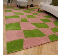 The Rugs Joli Green And Pink Chequered Rug Soft Dense Pile Easy To Clean And Pet Friendly For Living Rooms And Bedrooms